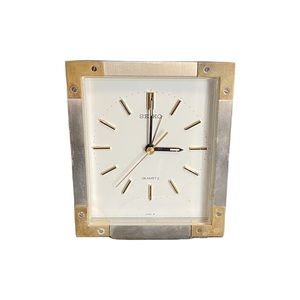 Vintage 1980s Seiko Two Tone Brass Stainless Tabletop/Desk Clock Alarm C…